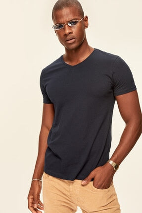 Presser Navy V Neck Cotton T-Shirt - SMTH