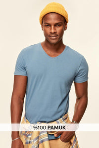 Indigo Cotton V Neck T-Shirt - SMTH